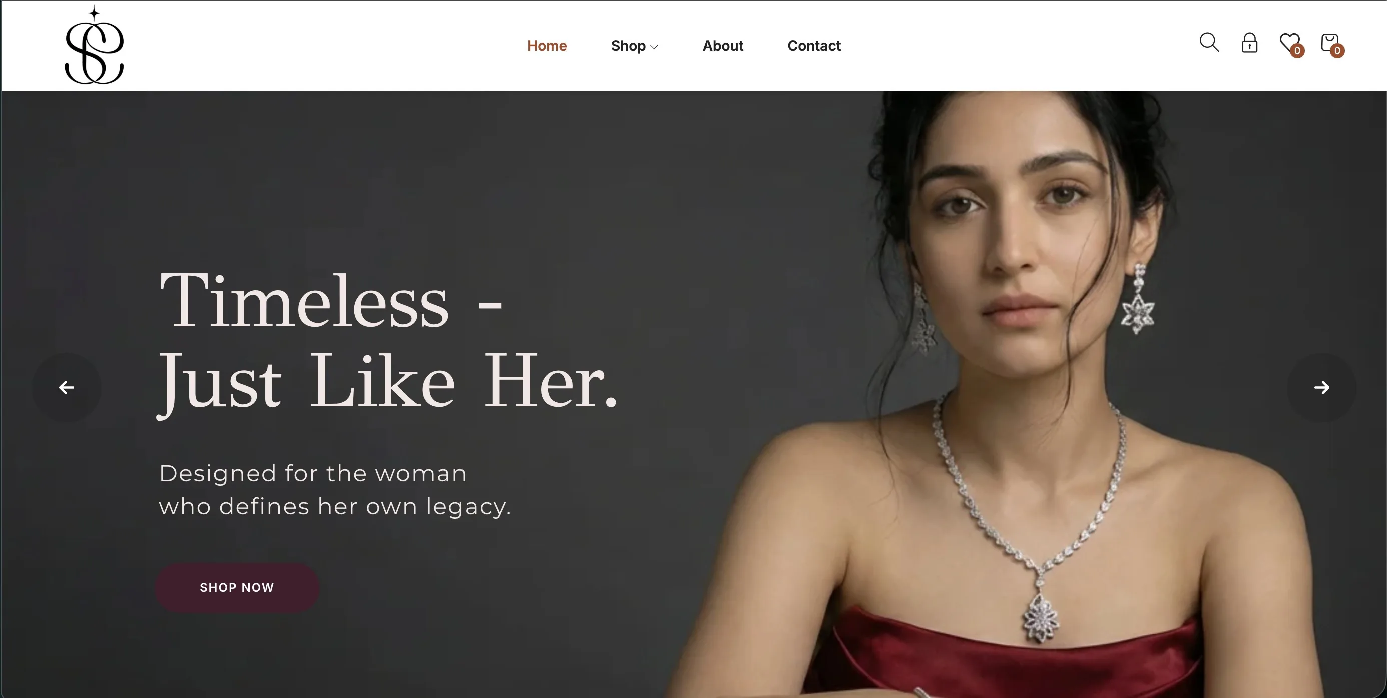 Shreesha Elite Jewellery website homepage: dark hero with Timeless Just Like Her headline and diamond jewellery